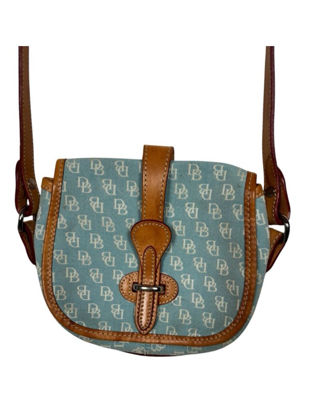 Vtg Y2K Dooney & Bourke Light Blue DB Monogram Canvas Saddle Crossbody Bag Small